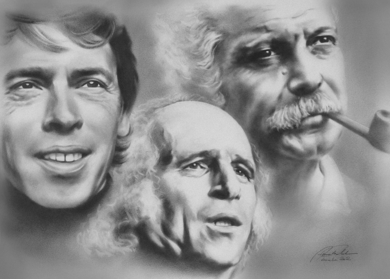 Tableau noir et blanc avec trois visages des chanteurs français, Brel, Ferré et Brassens.