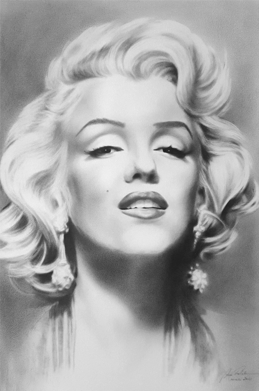Portrait noir et blanc de Marilyn Monroe, réalisé à la peinture à l'huile.
