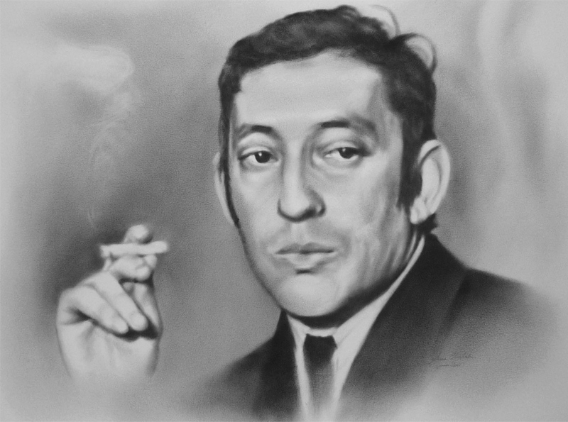 Portrait de jeune Serge Gainsbourg fumant une cigarette.