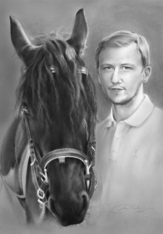 Portrait de cheval noir avec un homme.